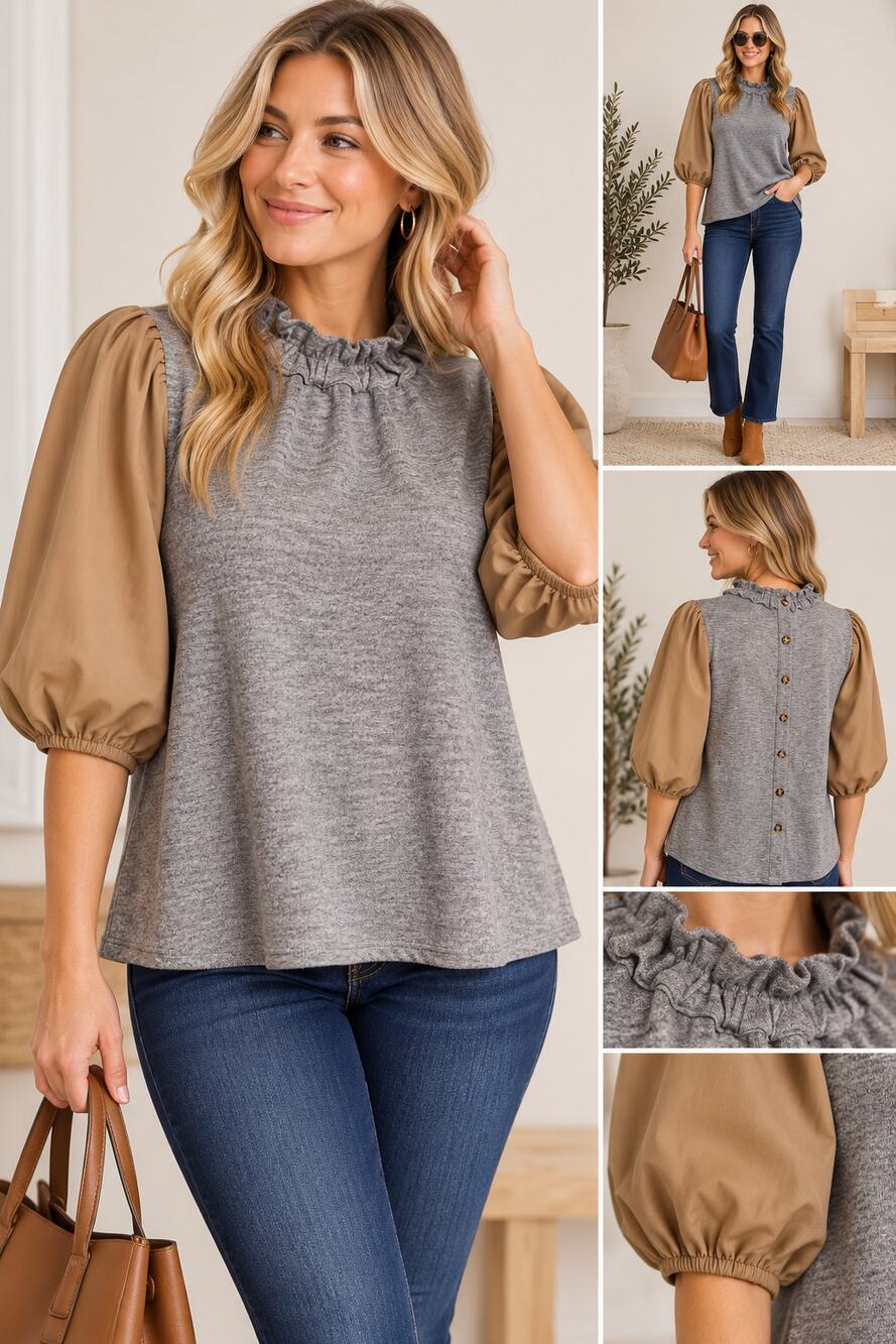 THML Ruffle Neck Mixed Media Blouse L Gray Camel Faux Leather Balloon Sleeve NWT